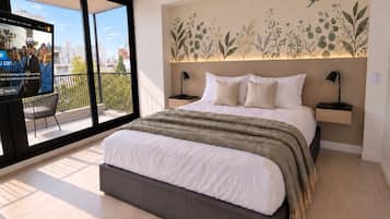 Un dormitorio moderno con una cama grande, un balcón y una pared con un mural floral.