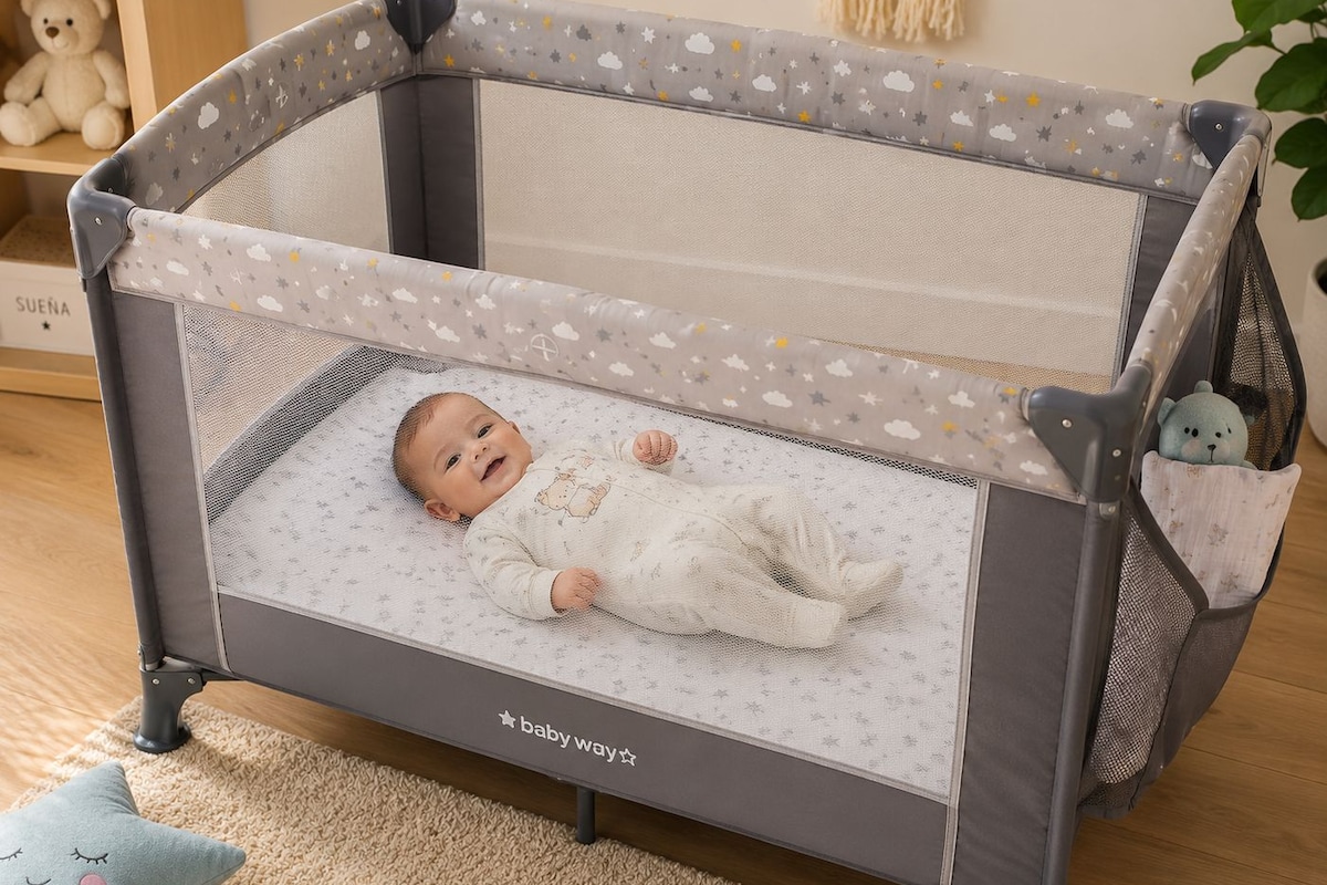 A baby playpen with a mesh top and a padded bottom, a plush toy in the corner, and a soft toy on the floor.