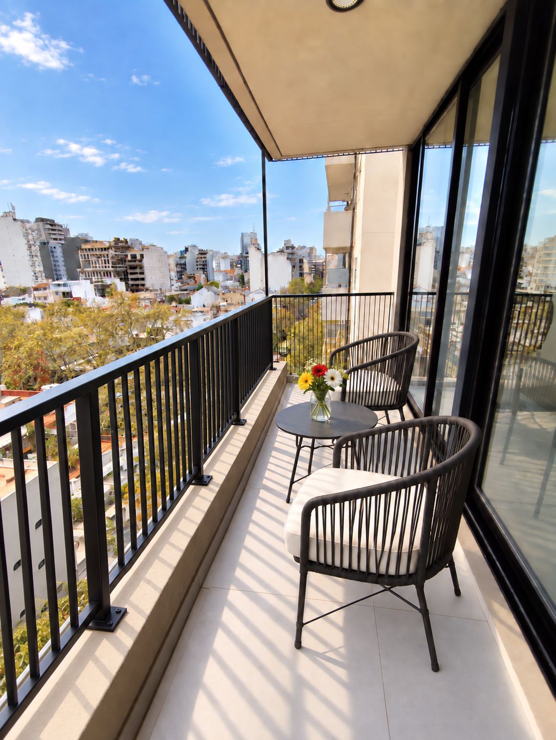 A balcony with a view of a cityscape, featuring a table and two chairs.