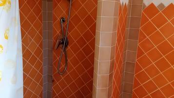 A shower area with a showerhead and a handheld shower attachment.