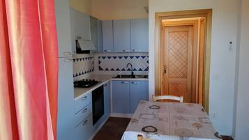 A compact kitchen with a gas stove, sink, and blue cabinets.