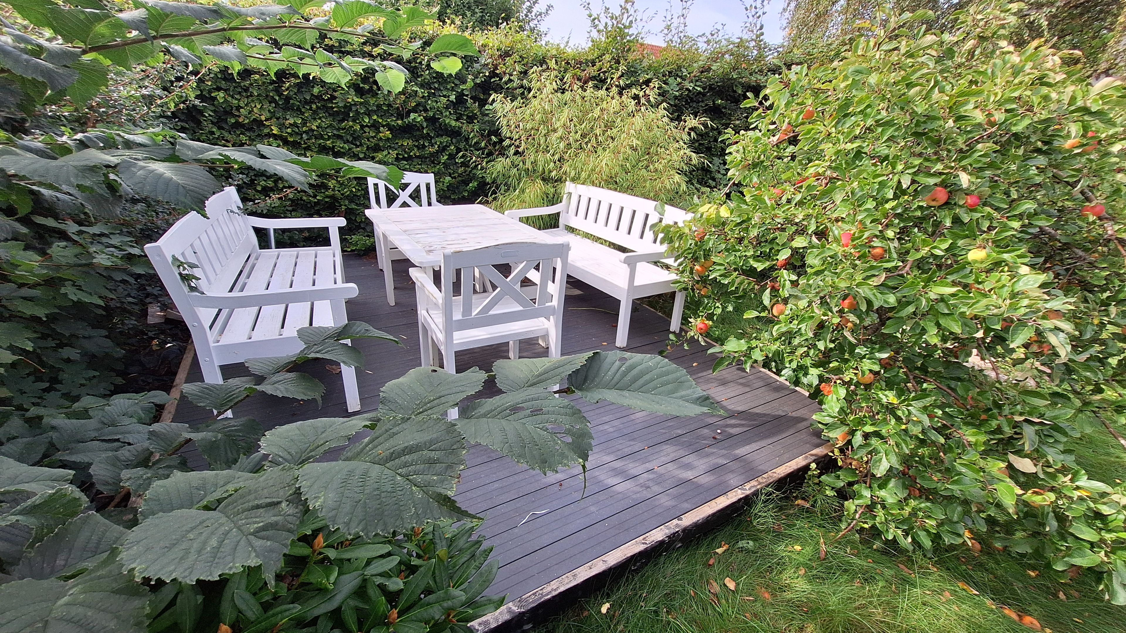 Eine Holzterrasse mit weißer Gartenmöbeln, umgeben von üppigem Grün und Obststräuchern.