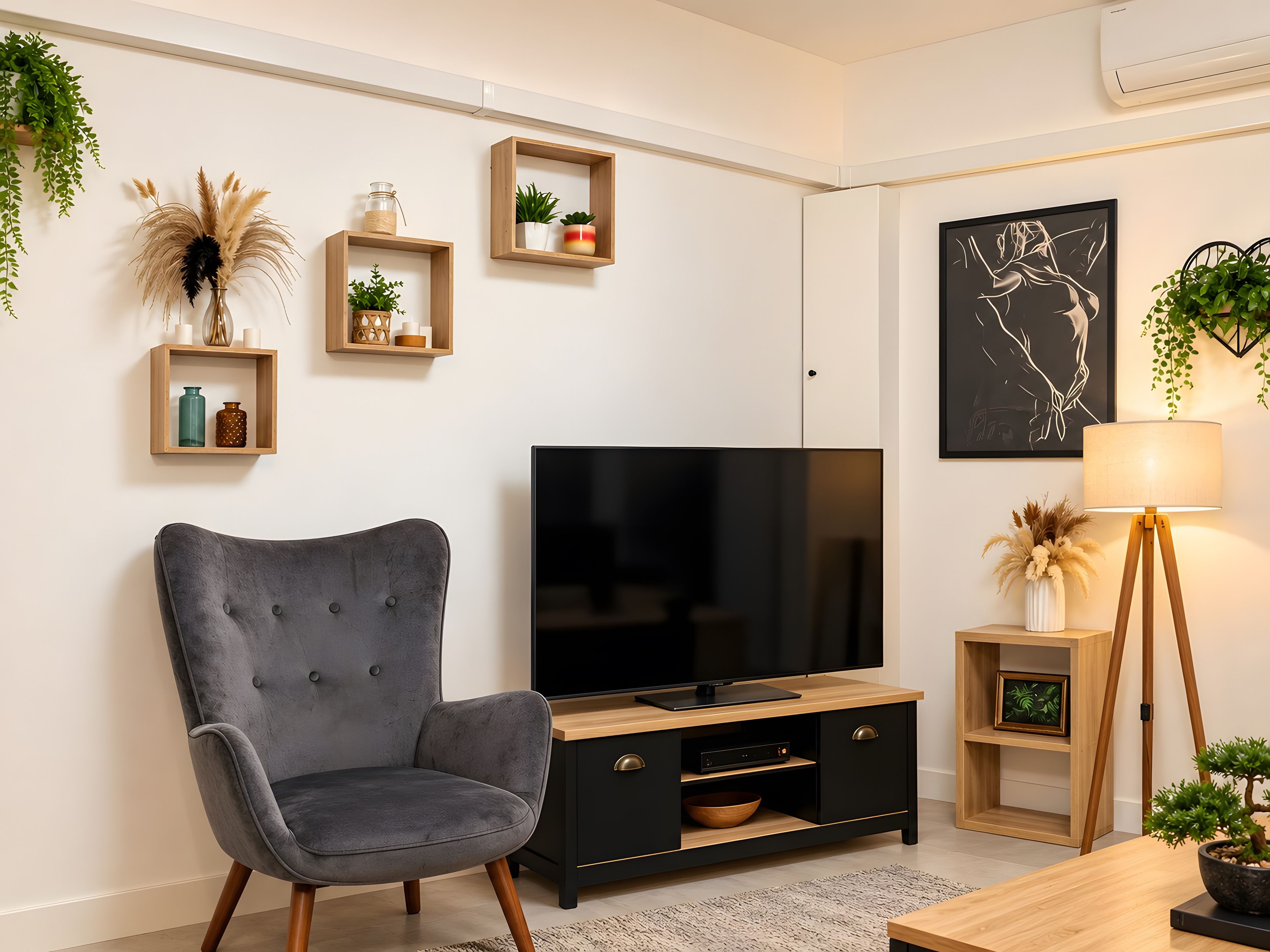 Een moderne woonkamer met een grijs gestoffeerde fauteuil, een flatscreen televisie op een houten dressoir en een vloerlamp.
