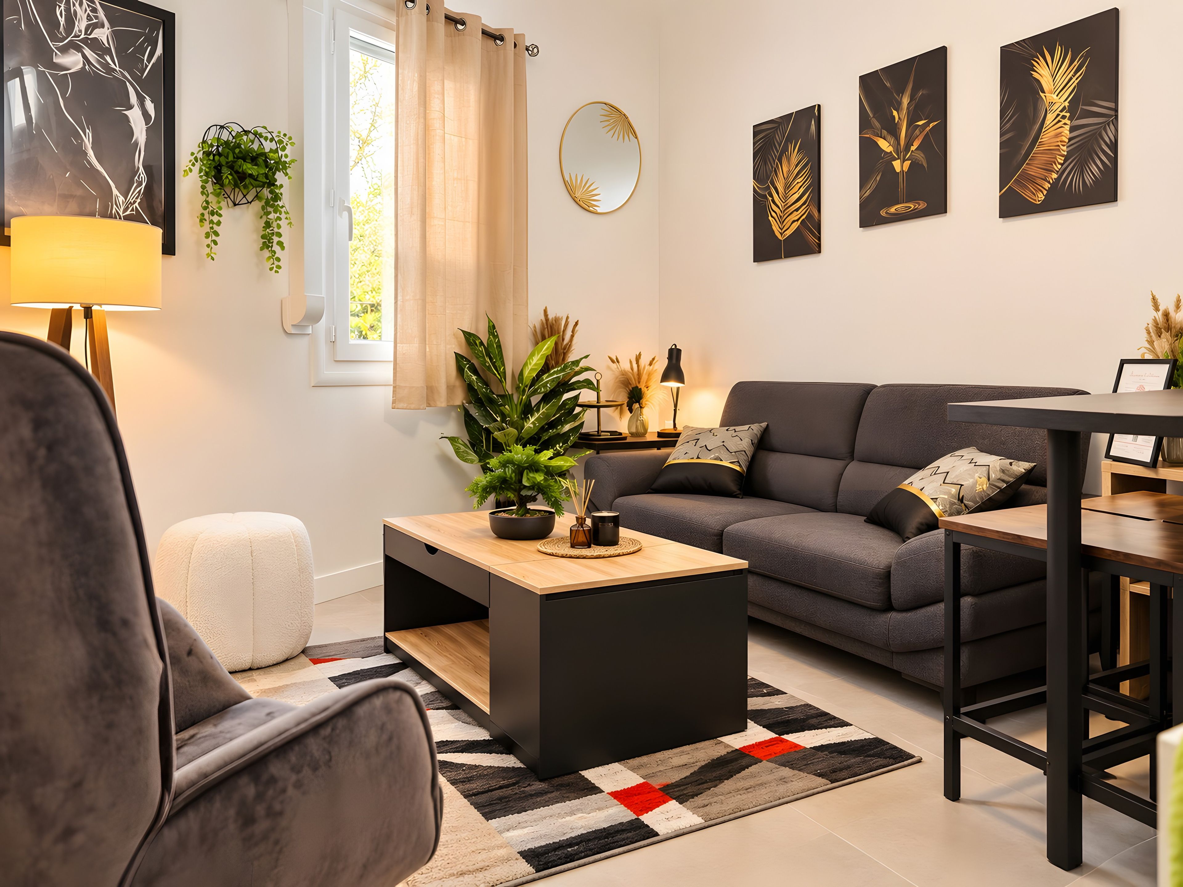 Een moderne woonkamer met een grijze bank, een salontafel en een kamerbreed tapijt met dessin.