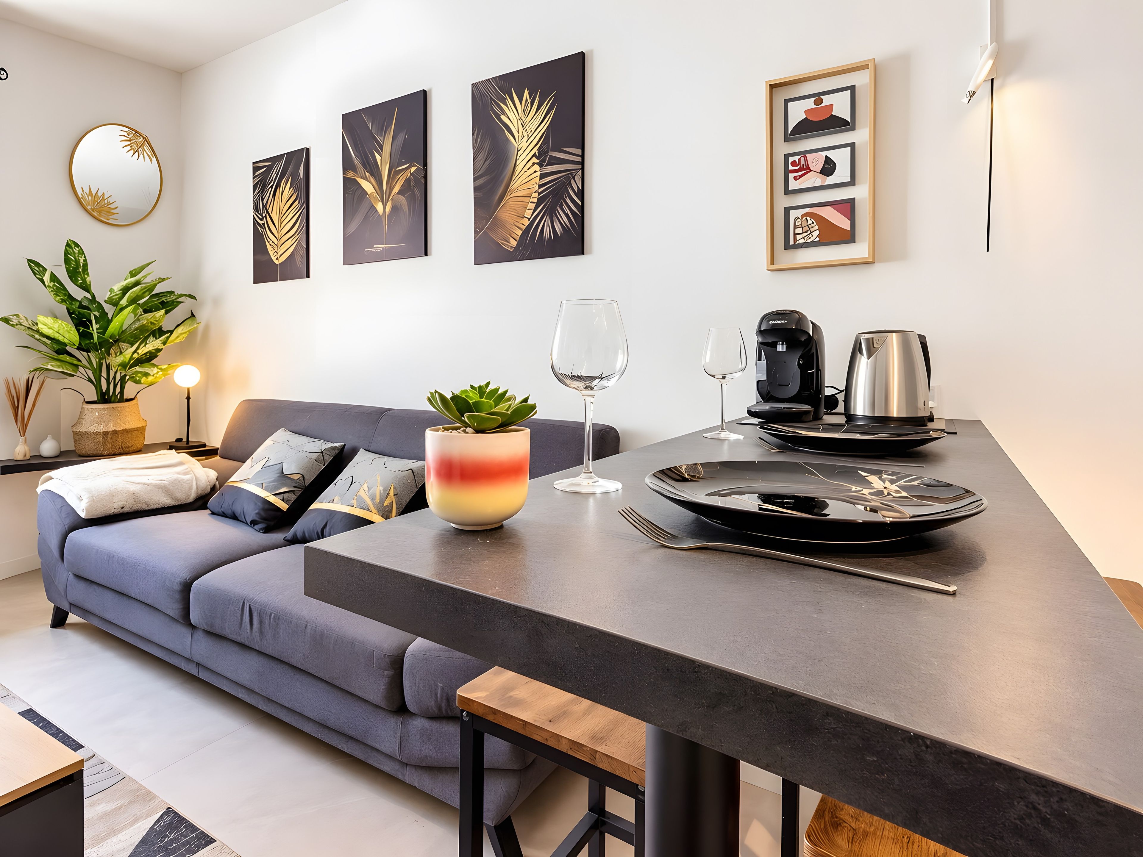 Een moderne woonruimte met een bank, een bijzettafeltje, een eettafel met bestek, een potplant en wanddecoratie.