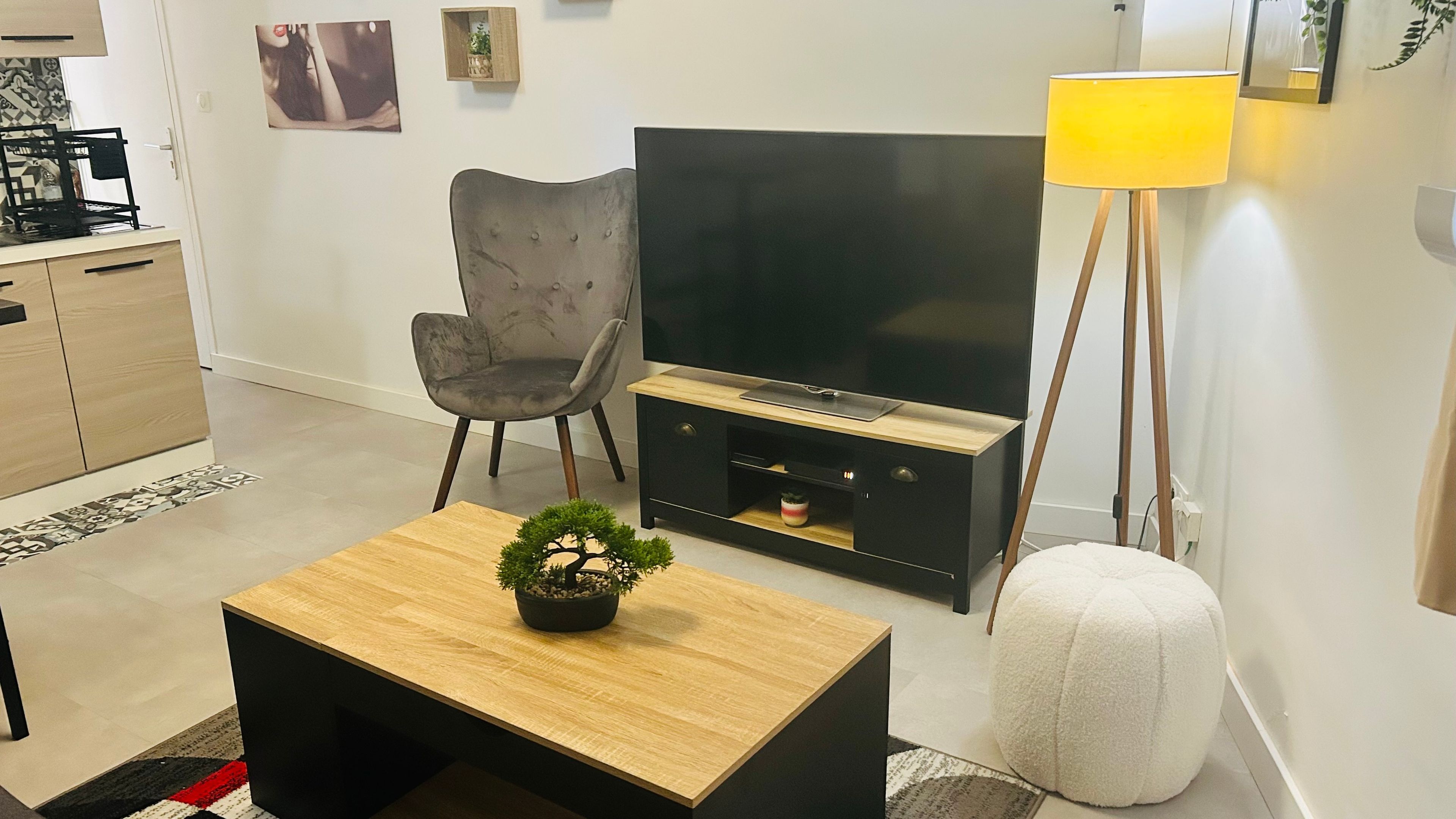 Una sala de estar moderna con un televisor de pantalla plana, un sillón gris, una mesa de centro de madera con una planta y una lámpara de pie alta.
