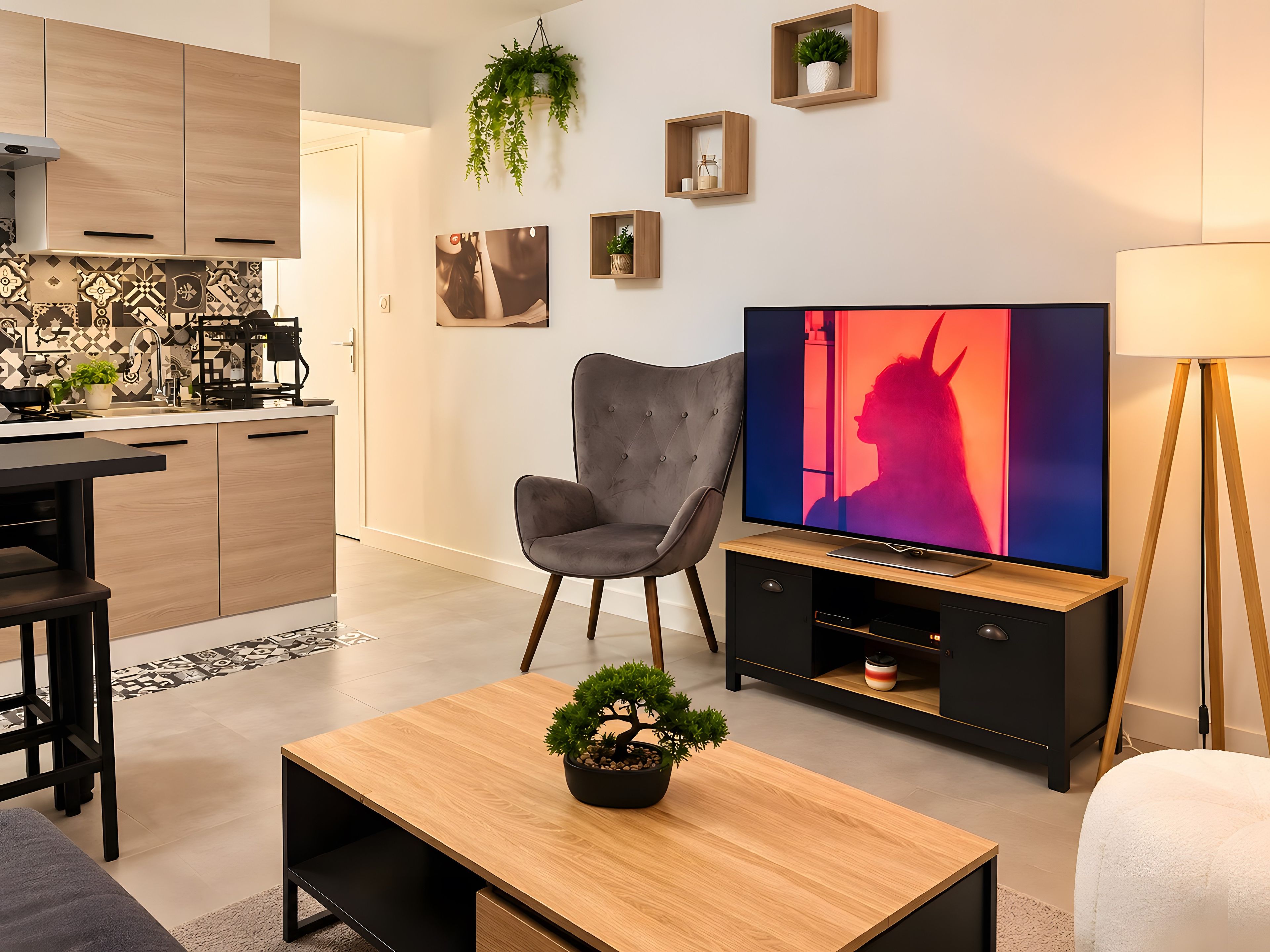 Moderni olohuone, jossa on litteänäyttöinen televisio, harmaa nojatuoli, kasvi koristeltuna varustettu sohvapöytä ja taustalla näkyvä keittiö.