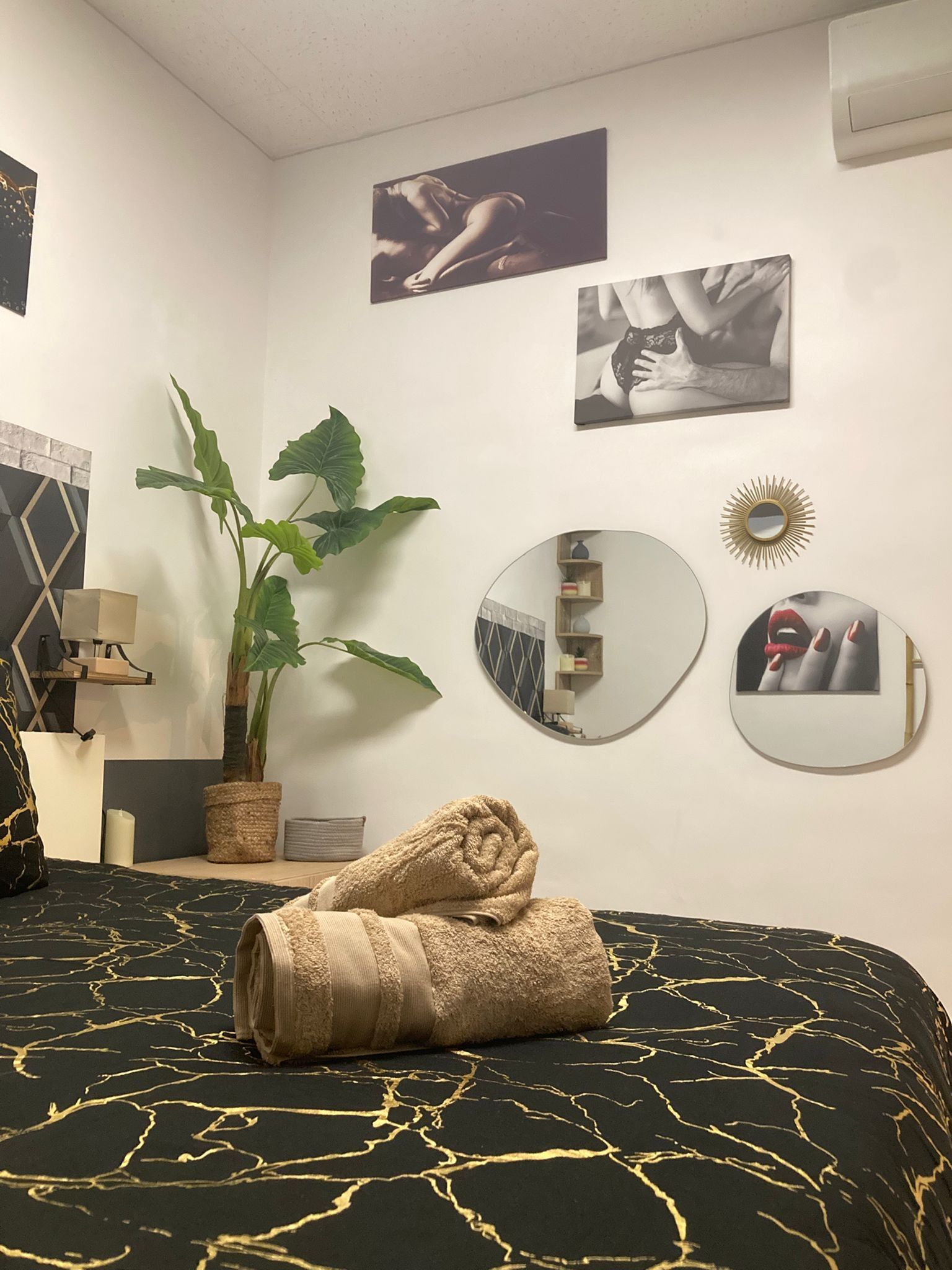 A bedroom with a bed, a potted plant, two wall-mounted mirrors, and two framed pictures.