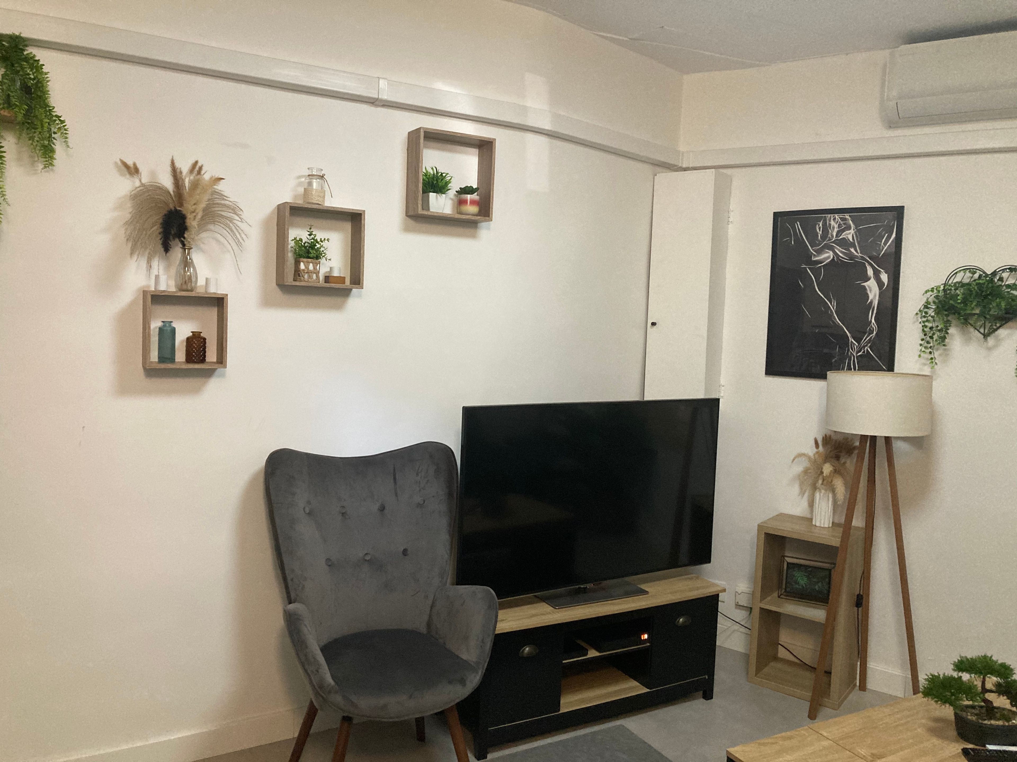 Un salon moderne avec un téléviseur à écran plat, un fauteuil gris et des étagères décoratives ornées de plantes.