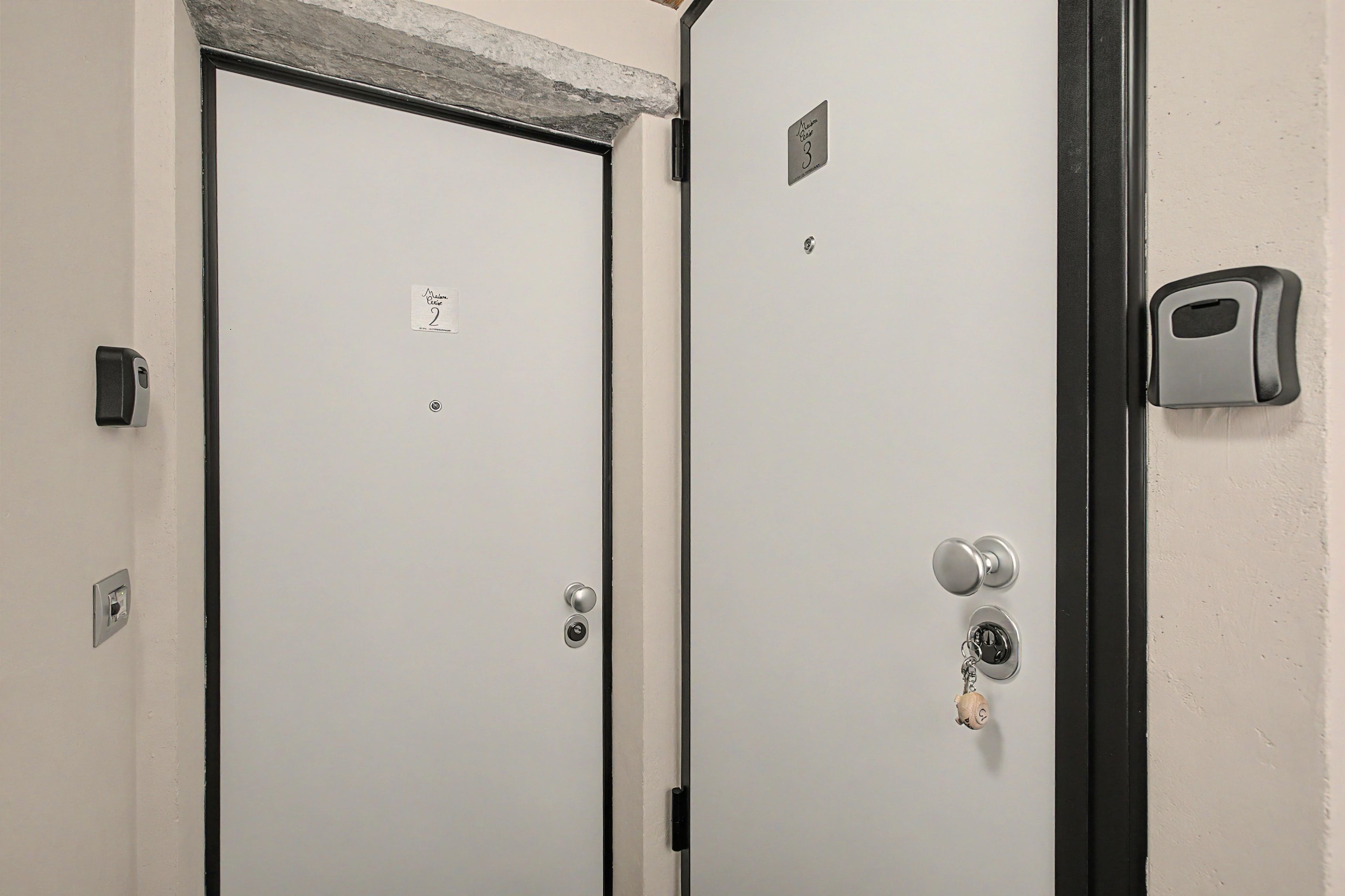Due porte con i numeri 2 e 3, una serratura e un campanello.