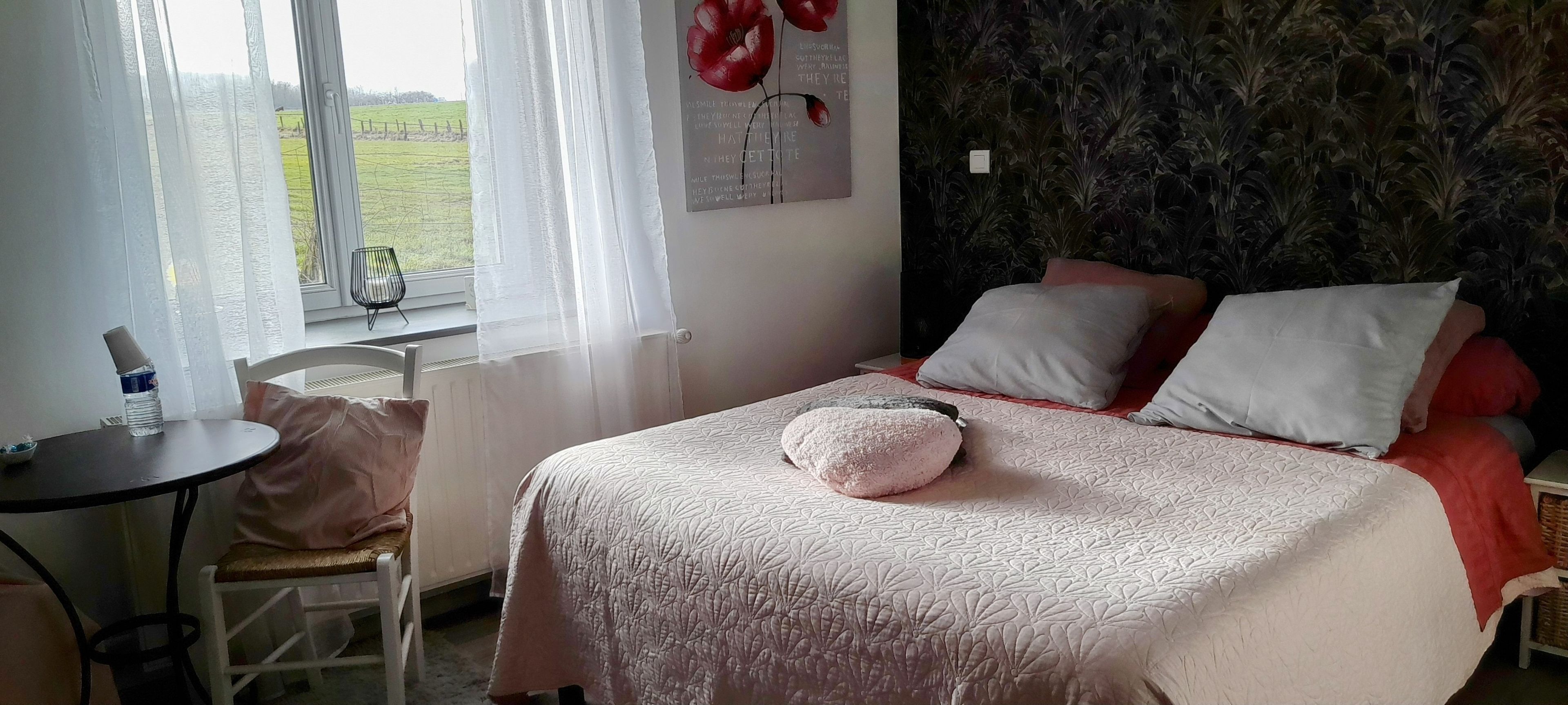 Ein Schlafzimmer mit Bett, Stuhl, Tisch und einem Fenster mit Blick auf ein Feld.