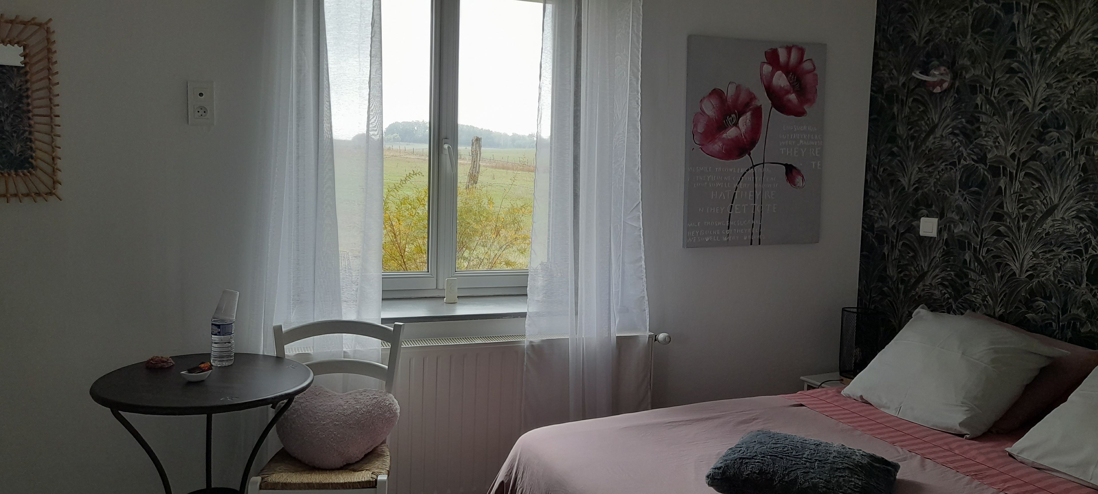 Une chambre à coucher avec un lit, une chaise, une table avec une bouteille d’eau et une fenêtre donnant sur un paysage verdoyant.