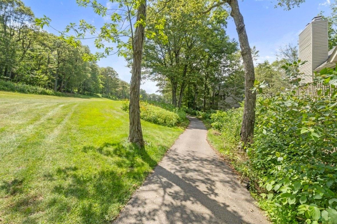 Een geplaveid pad, omzoomd door bomen en begroeiing, leidt naar een gebouw met een plat dak.