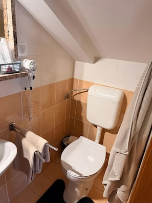 A bathroom with a toilet, sink, and a hairdryer on a shelf. - Apartment 'Baroko Rooms  Apartments' with Wi-Fi and air conditioning (Varaždin)