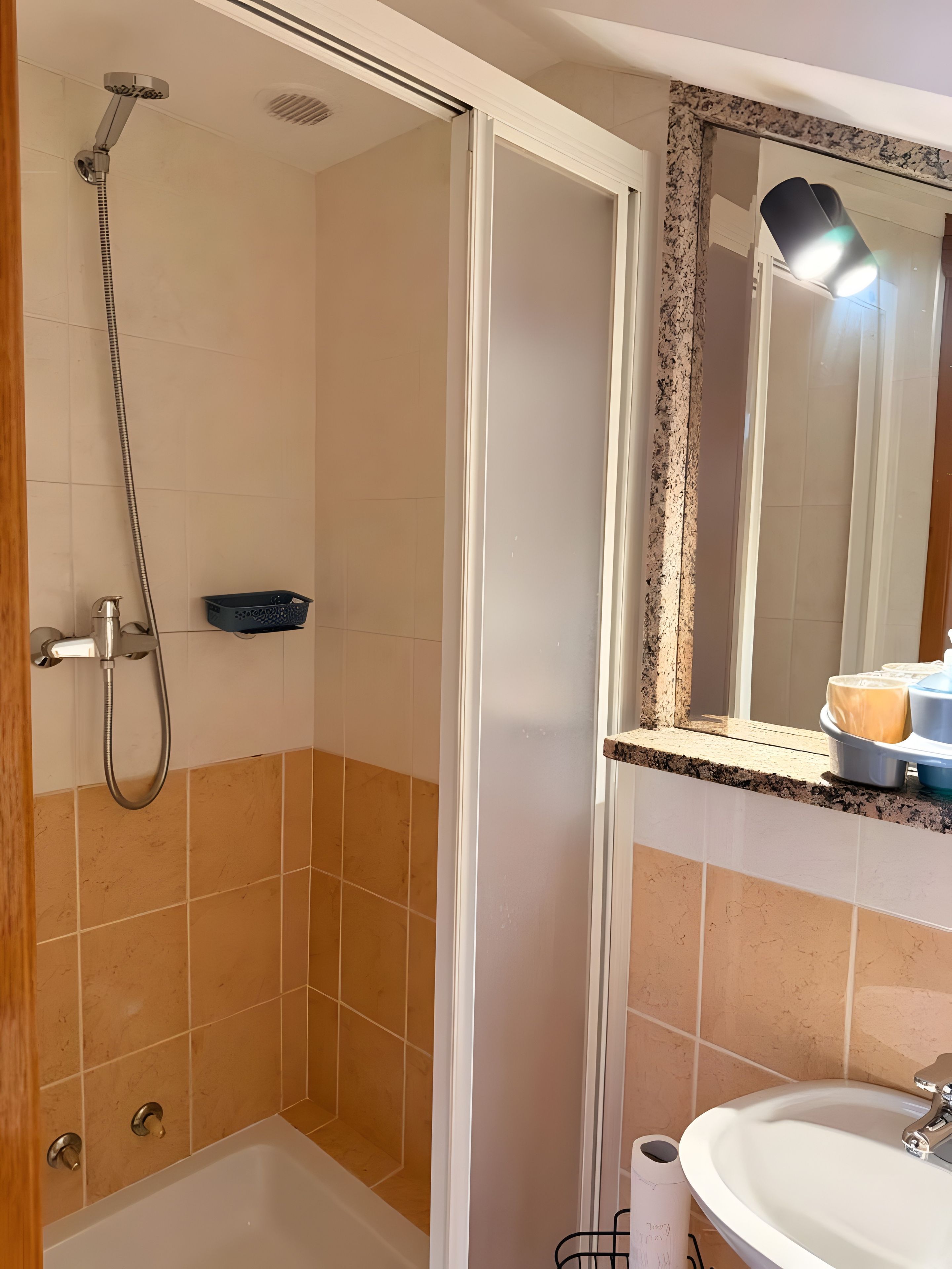 Een badkamer met een douche, wastafel en spiegel.