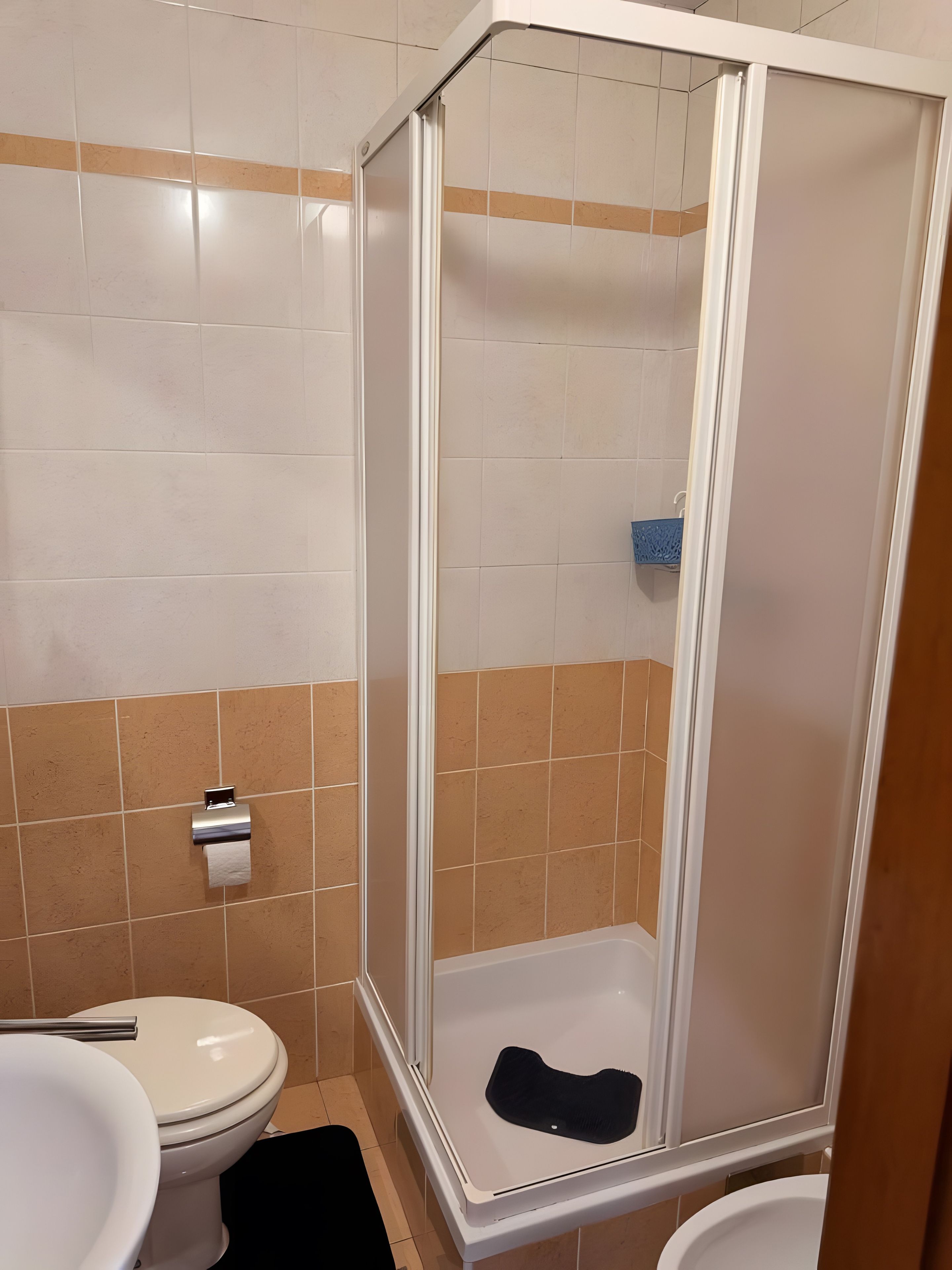 A bathroom with a shower enclosure, toilet, and sink.