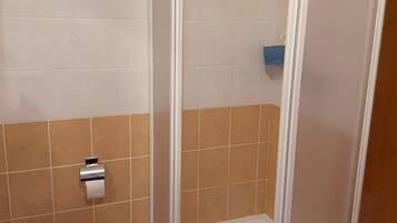 A bathroom with a shower enclosure, toilet, and sink.