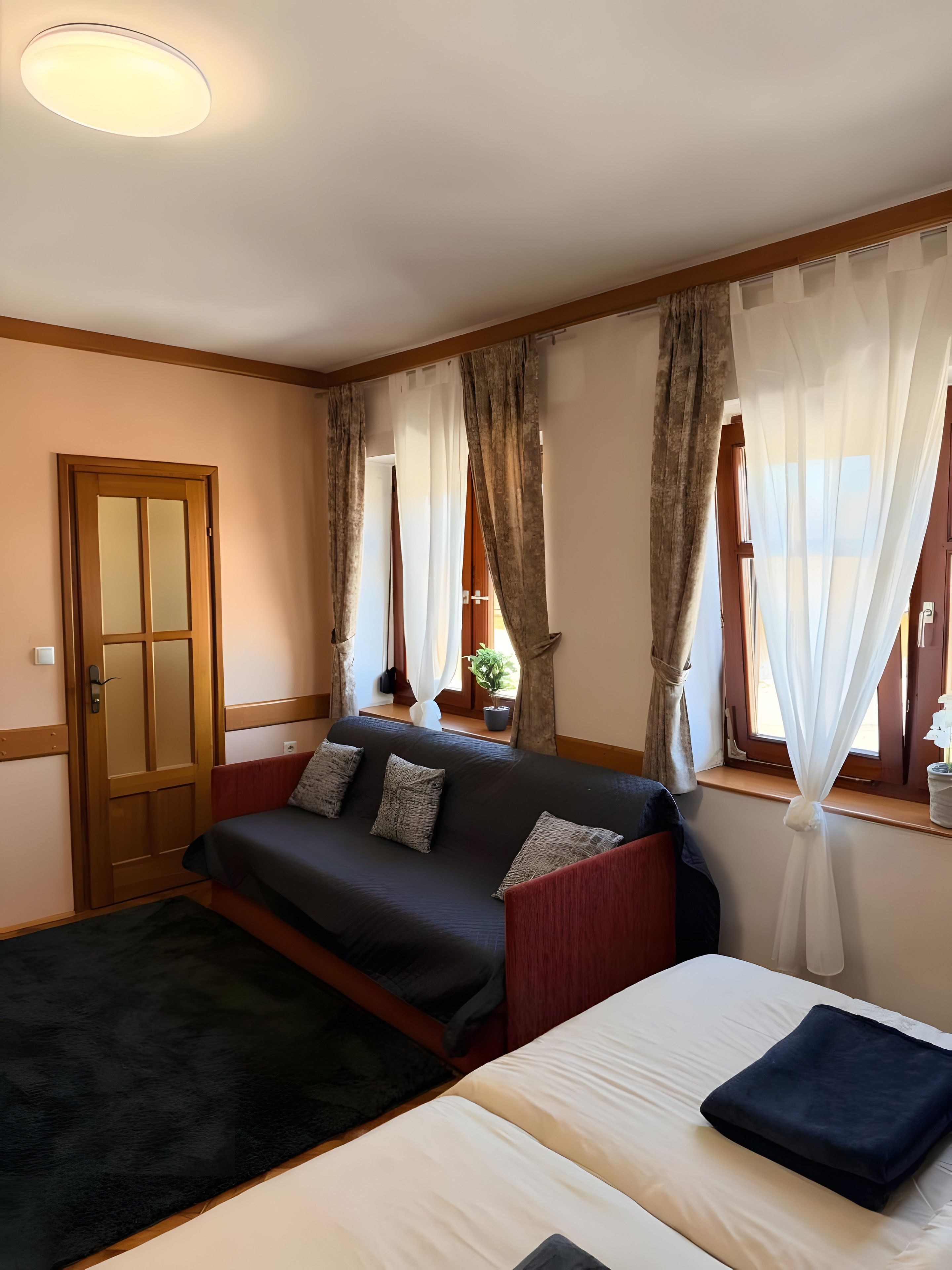 Een kamer met een bank, een bed, een raam met gordijnen, een deur en een plafondlamp.
