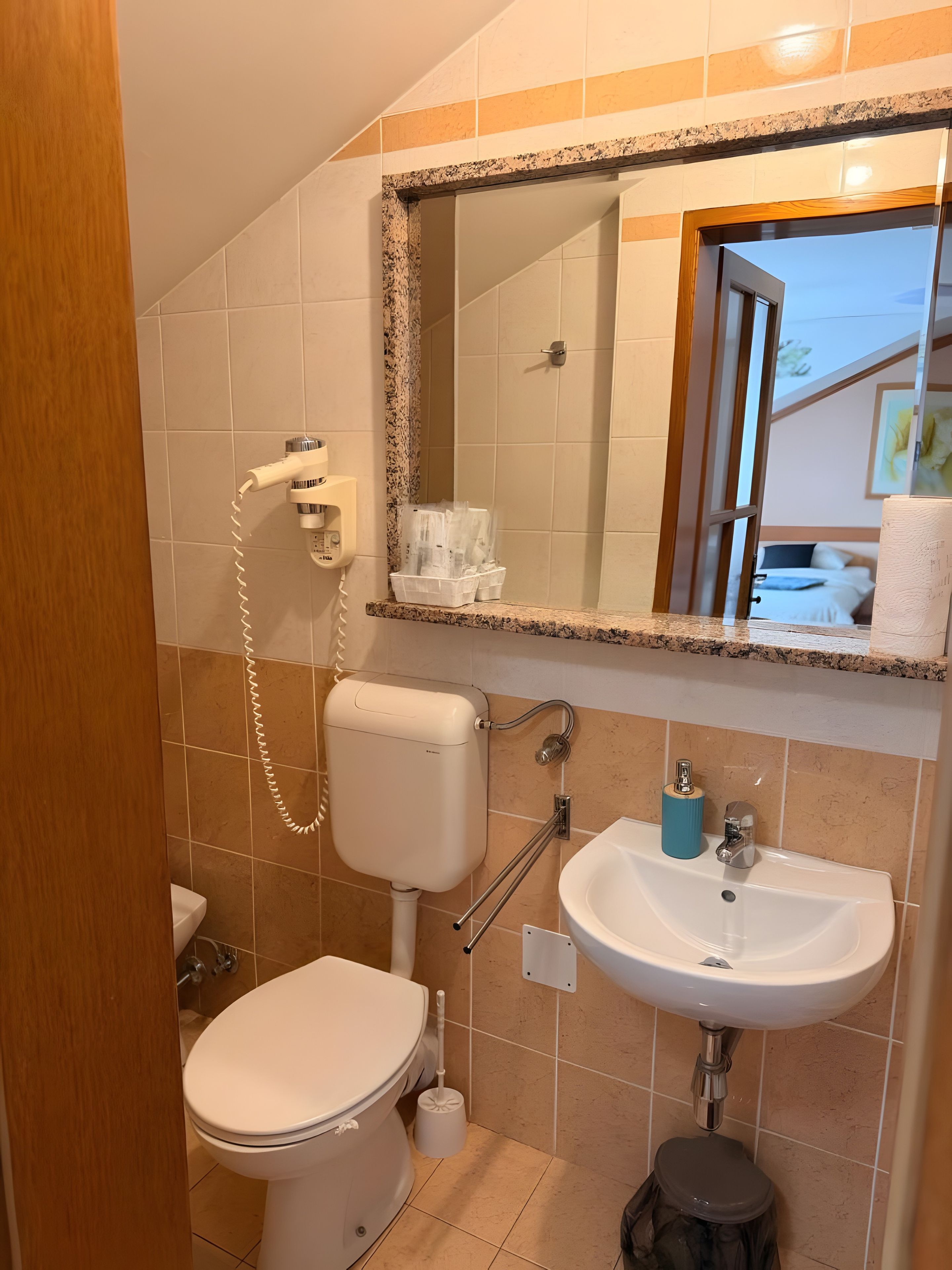 Een badkamer met toilet, wastafel en douche.