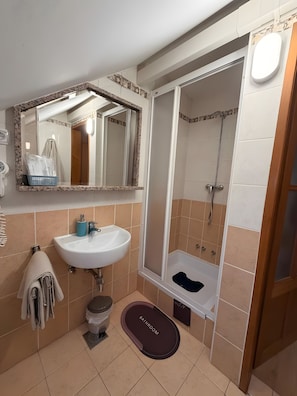 Un baño con lavamanos, espejo, ducha y toallero.