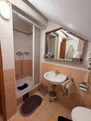 Een badkamer met een douche, wastafel, spiegel en toilet.