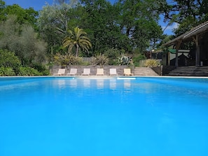 A clear blue pool with lounge chairs and a stone wall with plants. - Apartment 'Gîte Du Jardin - Domaine Les Bois' with Wi-Fi (Sixt-sur-Aff)