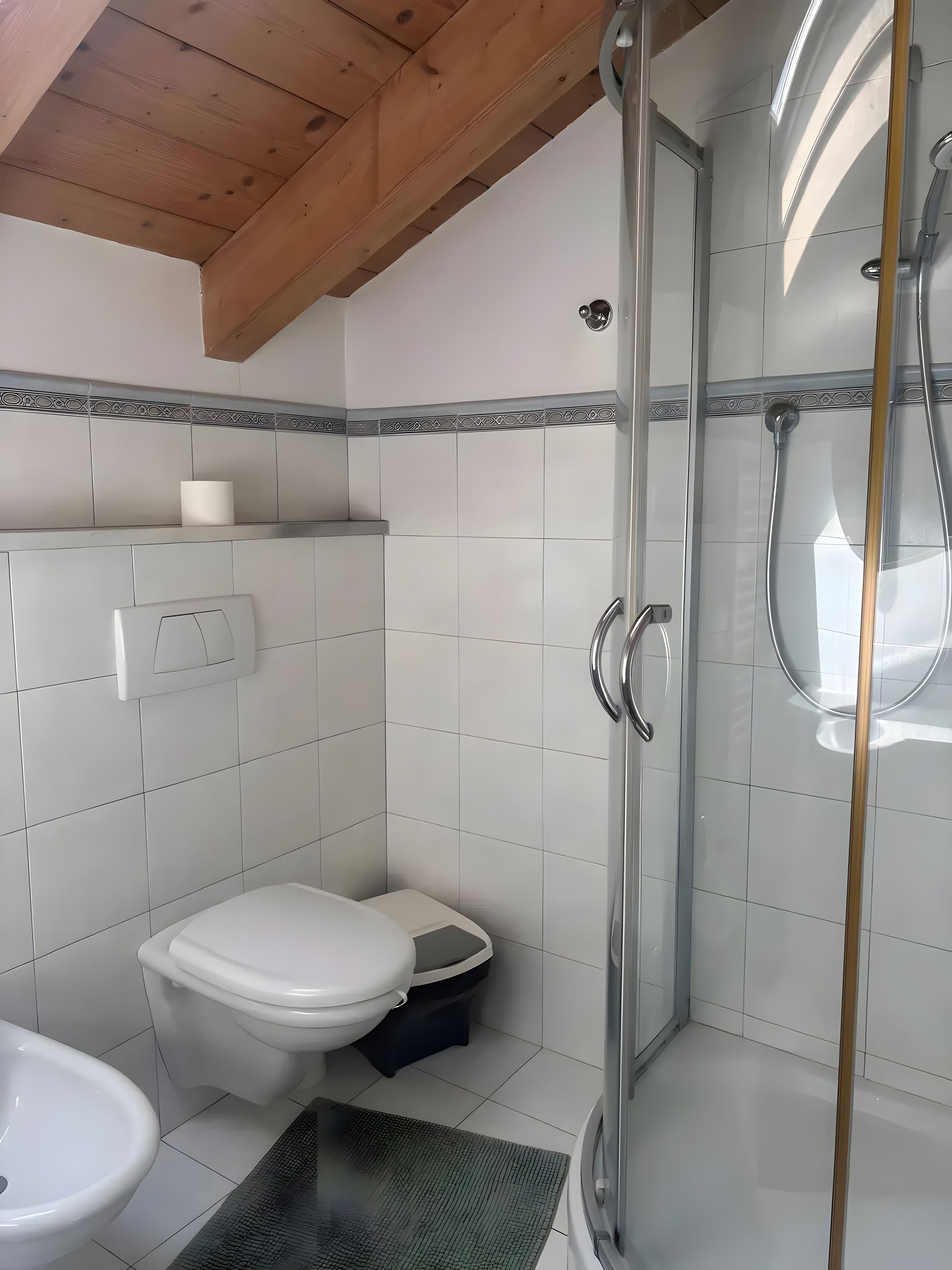 Ein Badezimmer mit Toilette, Bidet und Dusche.