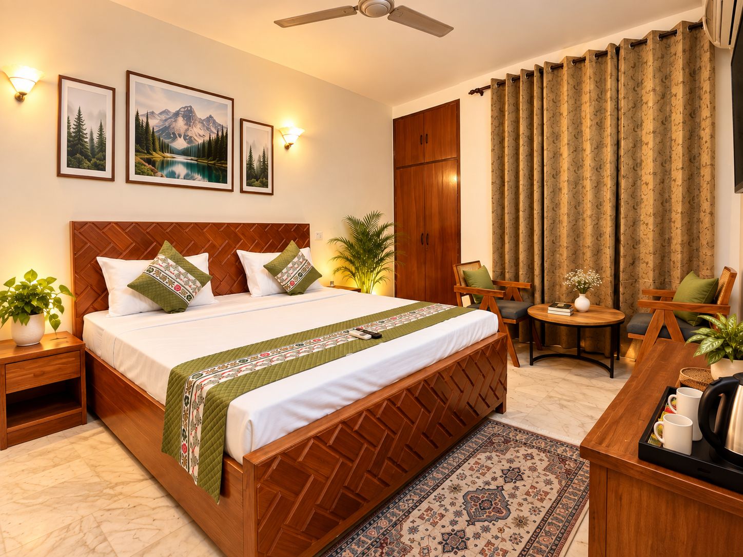 A hotel room with a large bed, a desk, a chair, a small table, and a ceiling fan.