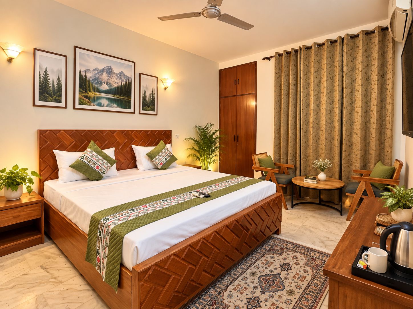 A hotel room with a bed, a desk, a chair, a small table, a plant, a ceiling fan, and curtains.