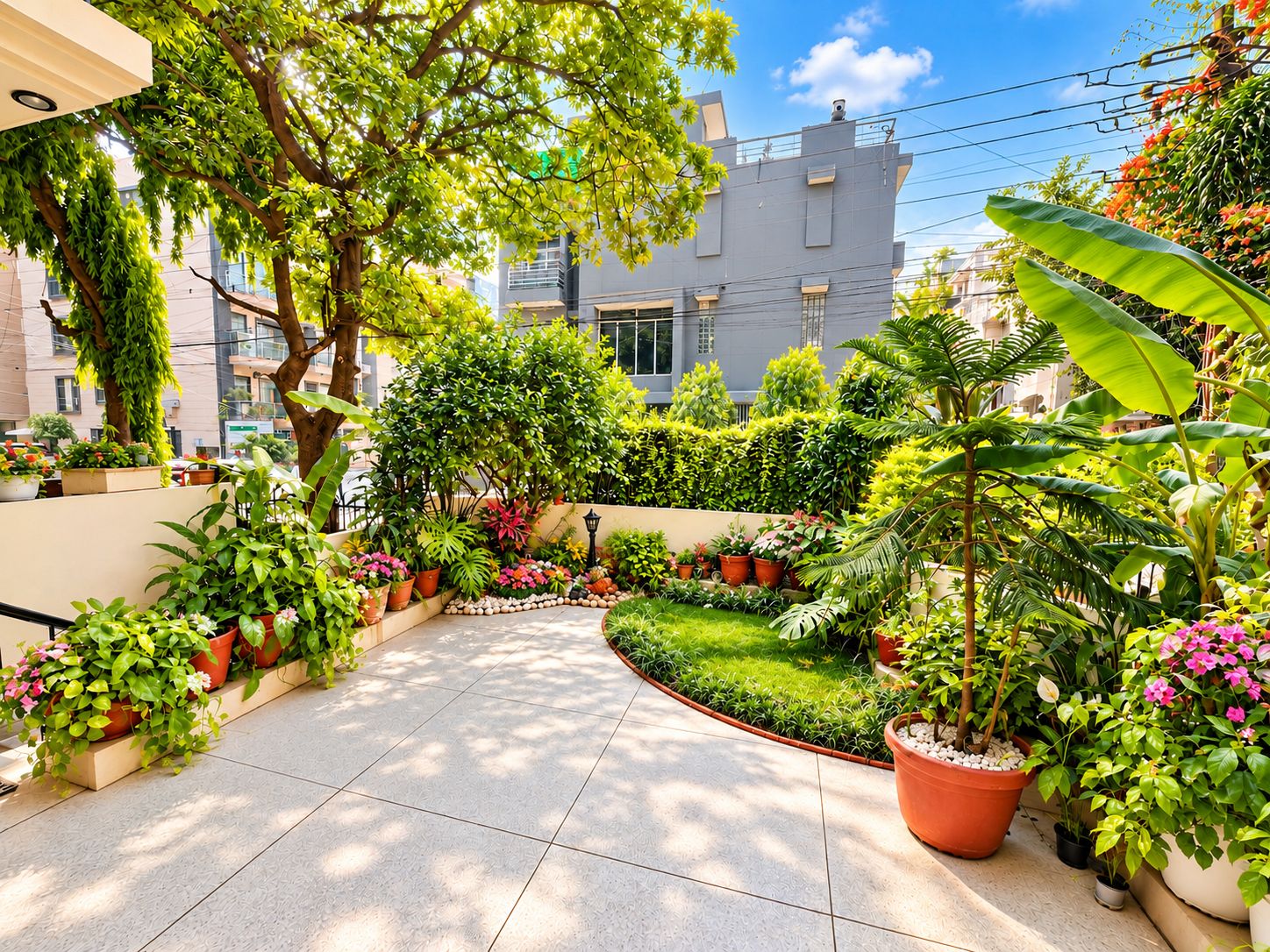 Un jardín bien cuidado con diversas plantas en macetas y un césped impecable.