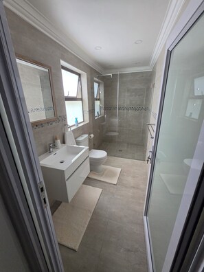 A modern bathroom with a glass shower enclosure, a white sink, and a toilet. - Perfect 2-bedroom apartment in a delightful Cape Town neighbourhood (Cape Town)