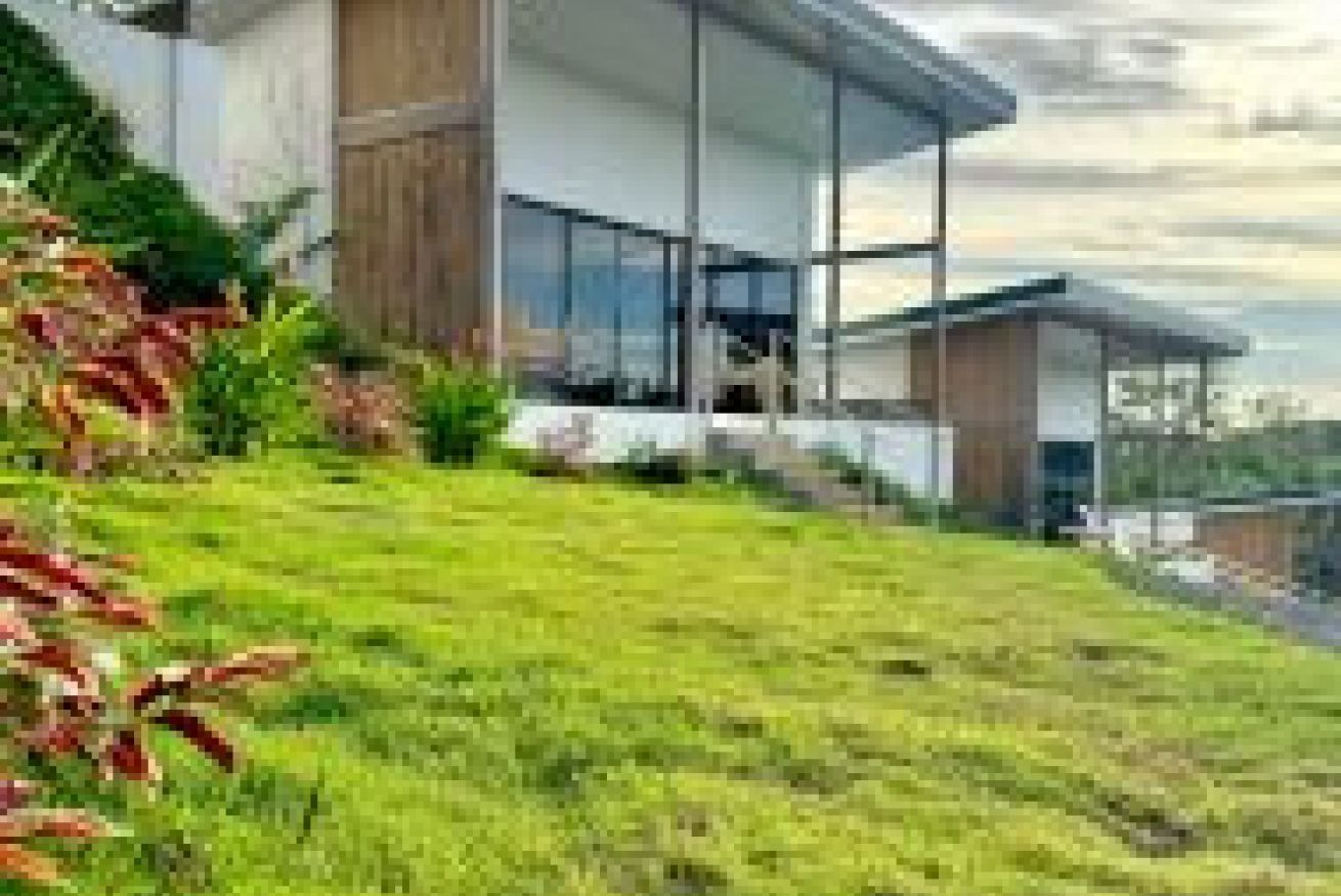 A modern house with a large glass facade, a sloped roof, and a well-maintained lawn.