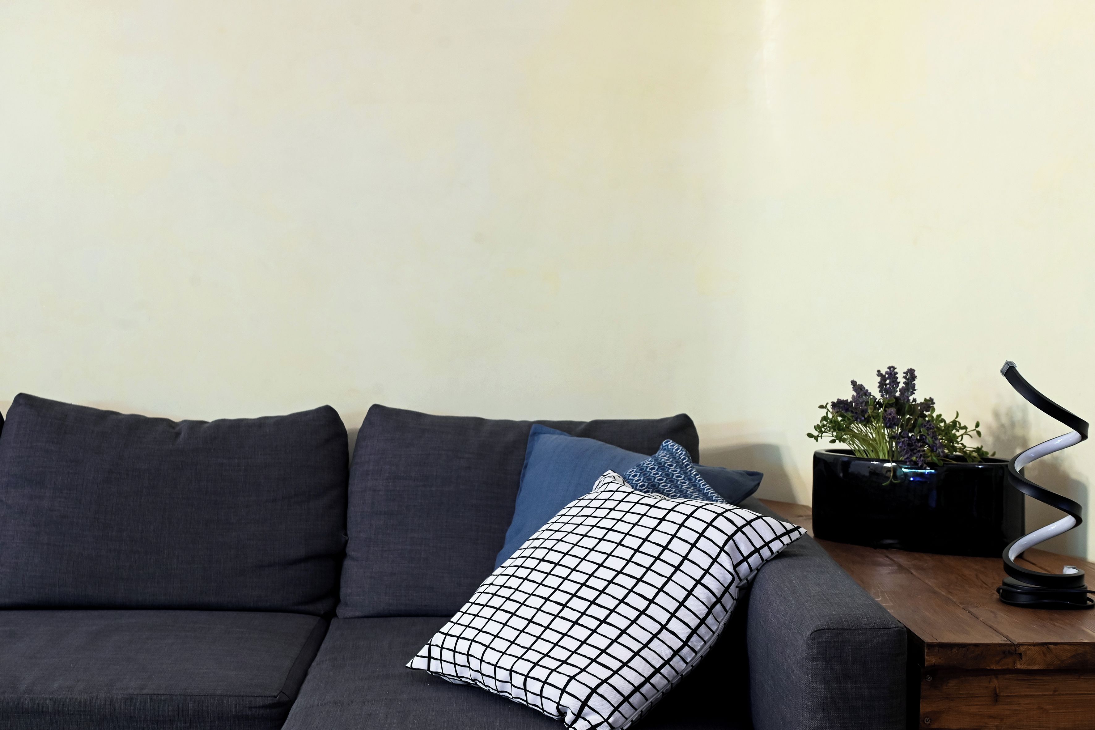Un canapé gris foncé agrémenté d’un coussin à motifs et d’un coussin bleu, un petit vase noir contenant une plante, et une table d’appoint en bois sur laquelle se trouve un objet noir.