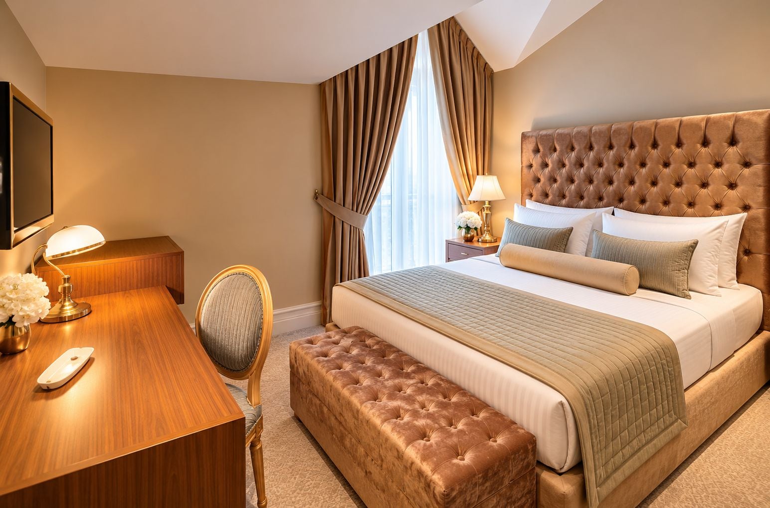 A hotel room with a large bed, a desk, a chair, and a television.