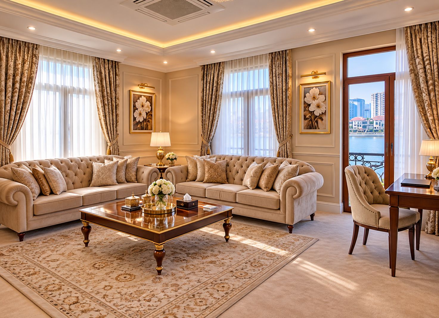 A luxurious living room with a large sofa set, a coffee table, and a view of a cityscape through a large window.