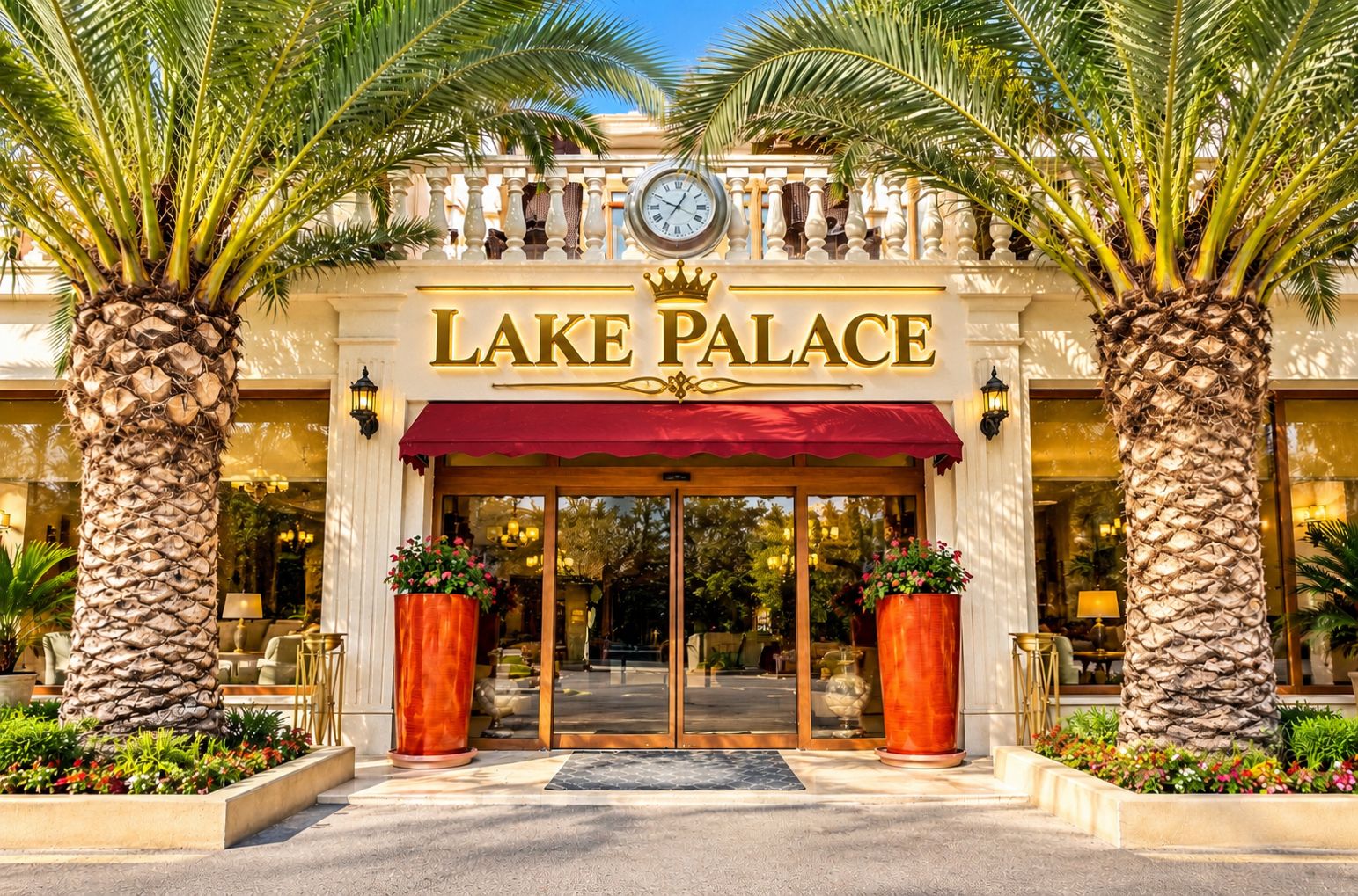L’entrée du Lake Palace, avec une horloge, des palmiers et un auvent rouge.