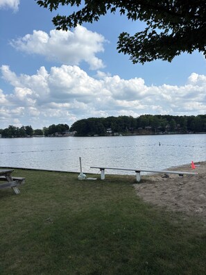 A lakeside view with a grassy area, a picnic table, and a bench.