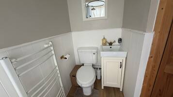 A compact bathroom with a toilet, a sink, and a mirror.
