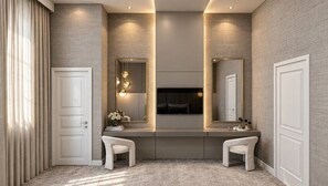 A modern bathroom with a vanity, two mirrors, and a light fixture. - 15BR house with private pool in Sonoma Resort (Kissimmee)