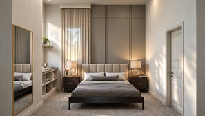A bedroom with a large bed, bedside tables, a mirror, a wardrobe, and a window with curtains. - 15BR house with private pool in Sonoma Resort (Kissimmee)