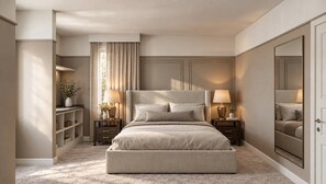 A bedroom with a large bed, bedside tables, a mirror, and a wardrobe. - 15BR house with private pool in Sonoma Resort (Kissimmee)