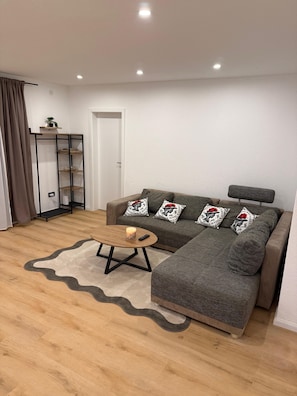 A modern living room with a sofa, a coffee table, and a bookshelf.