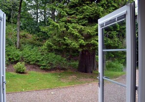 Auki oleva ovi, jonka takana on metsäinen alue ja soralla päällystetty polku.