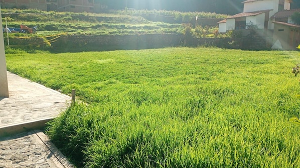 A grassy field with a building in the background. - Hotel Paucartambo Piedra grandre Lodge (Paucartambo)
