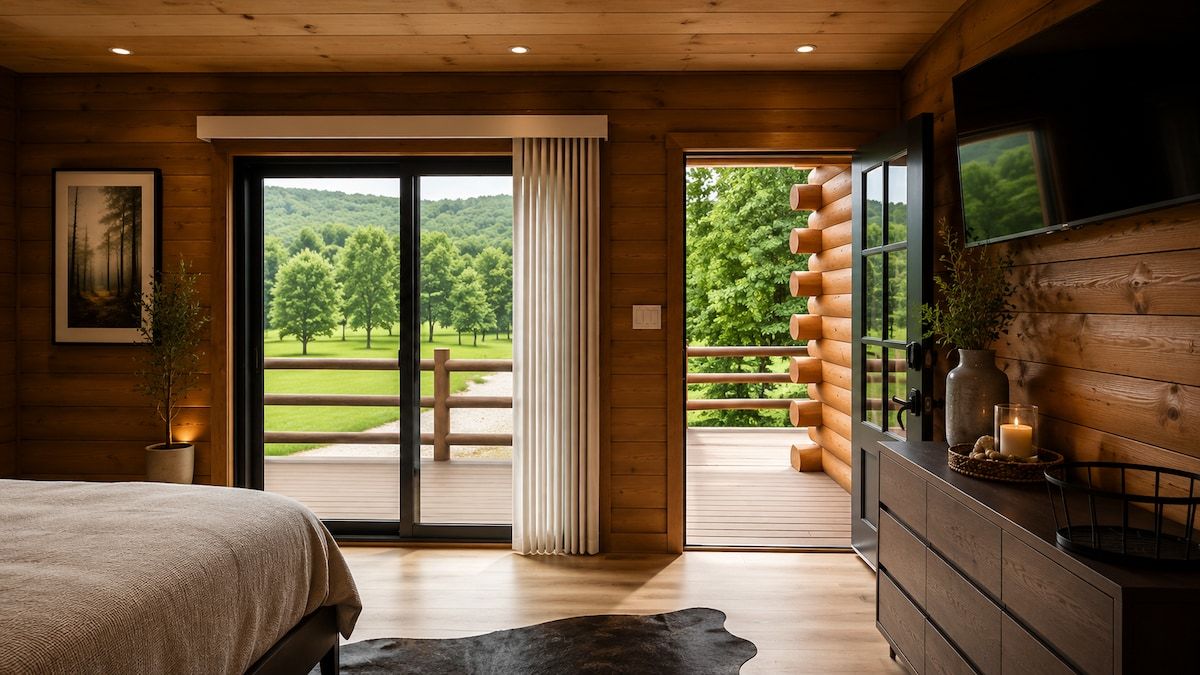 Ein Schlafzimmer mit einem großen Schiebeglastür, die auf eine Terrasse führt, einem Bett, einem Schminktisch und einem an der Wand befestigten Fernseher.