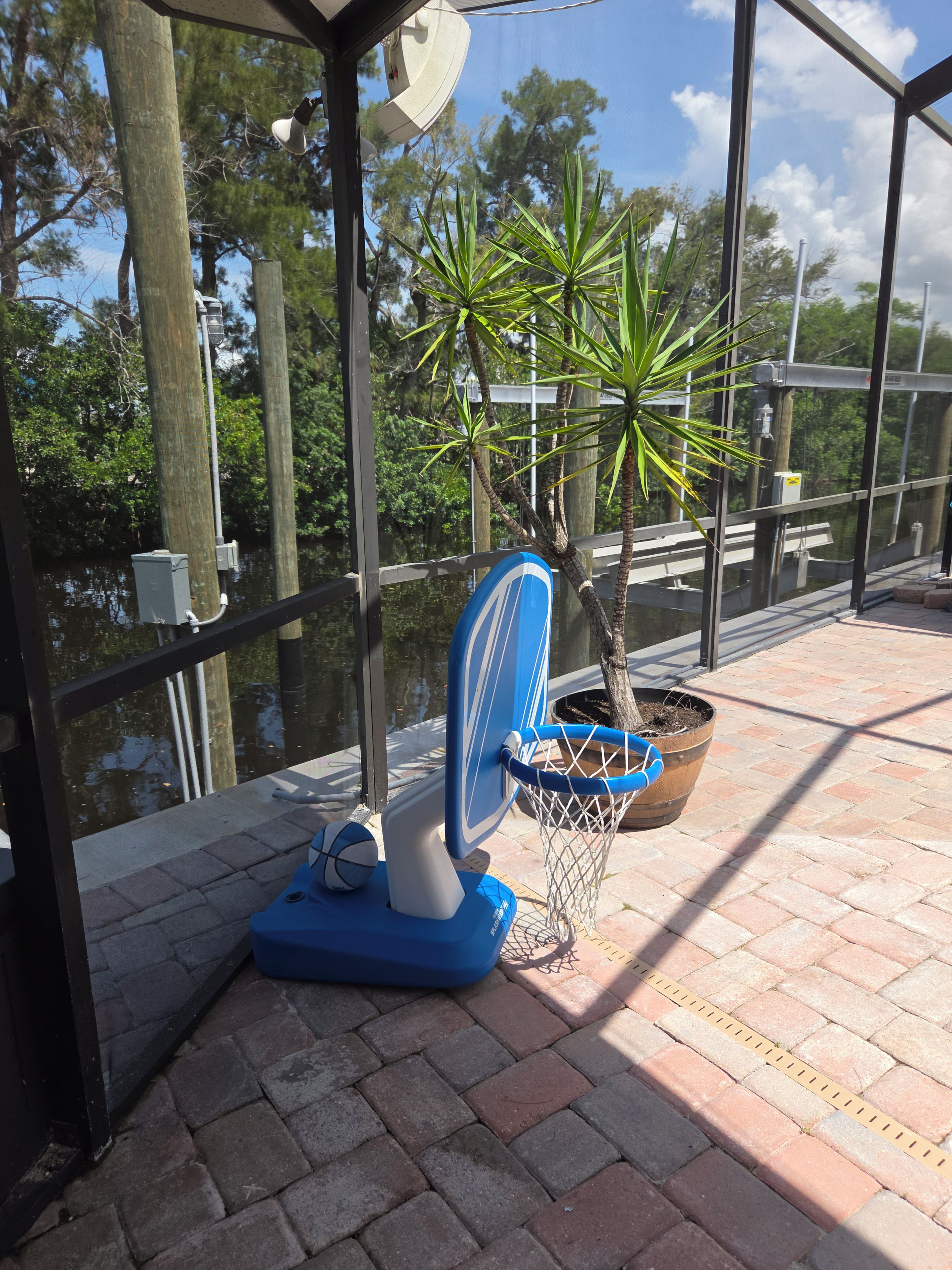 A basketball hoop with a blue backboard and net, positioned on a brick patio with a view of a water body and trees.