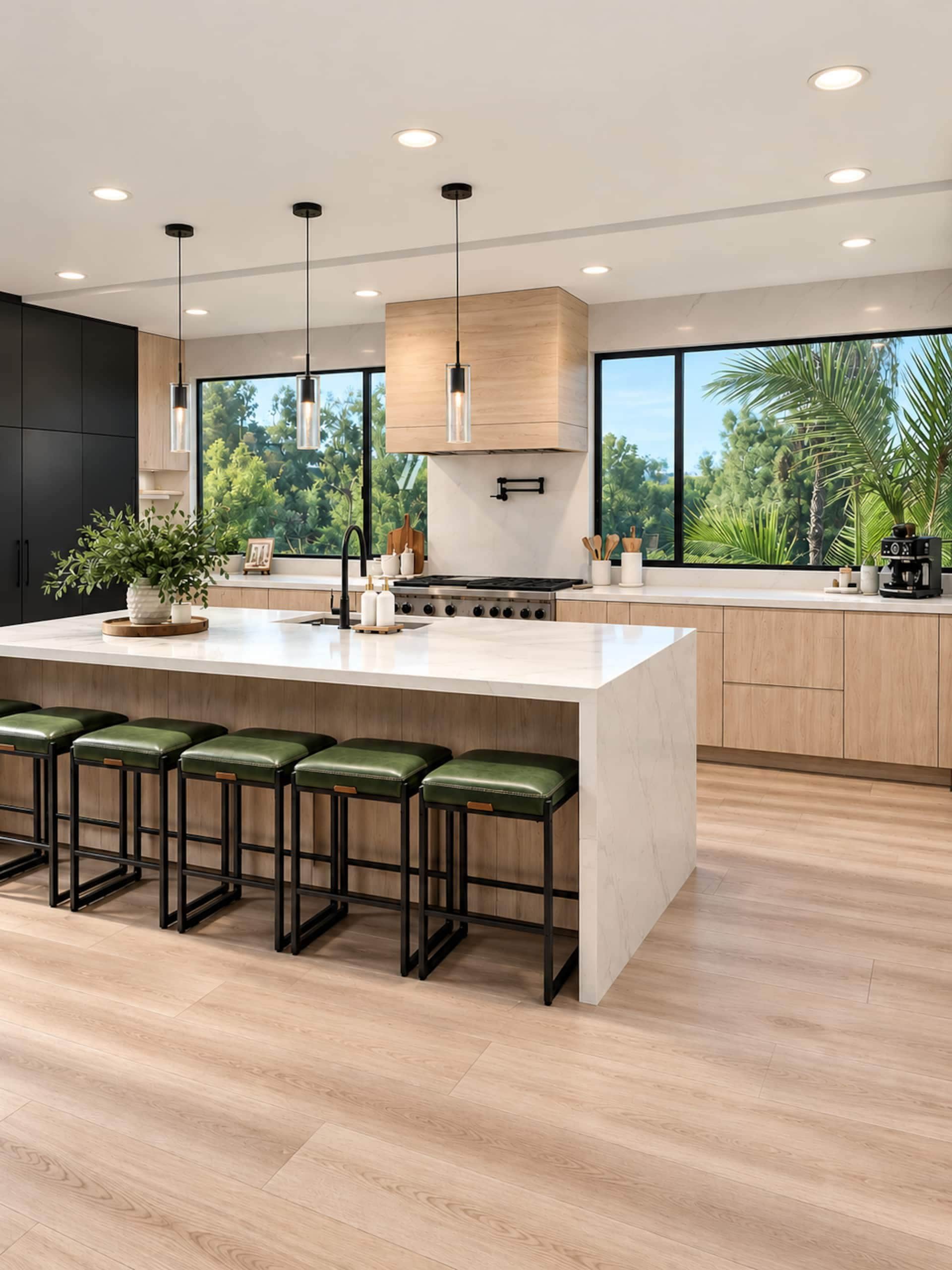 A modern kitchen with a large island, bar stools, a stove, and a view of greenery through large windows.