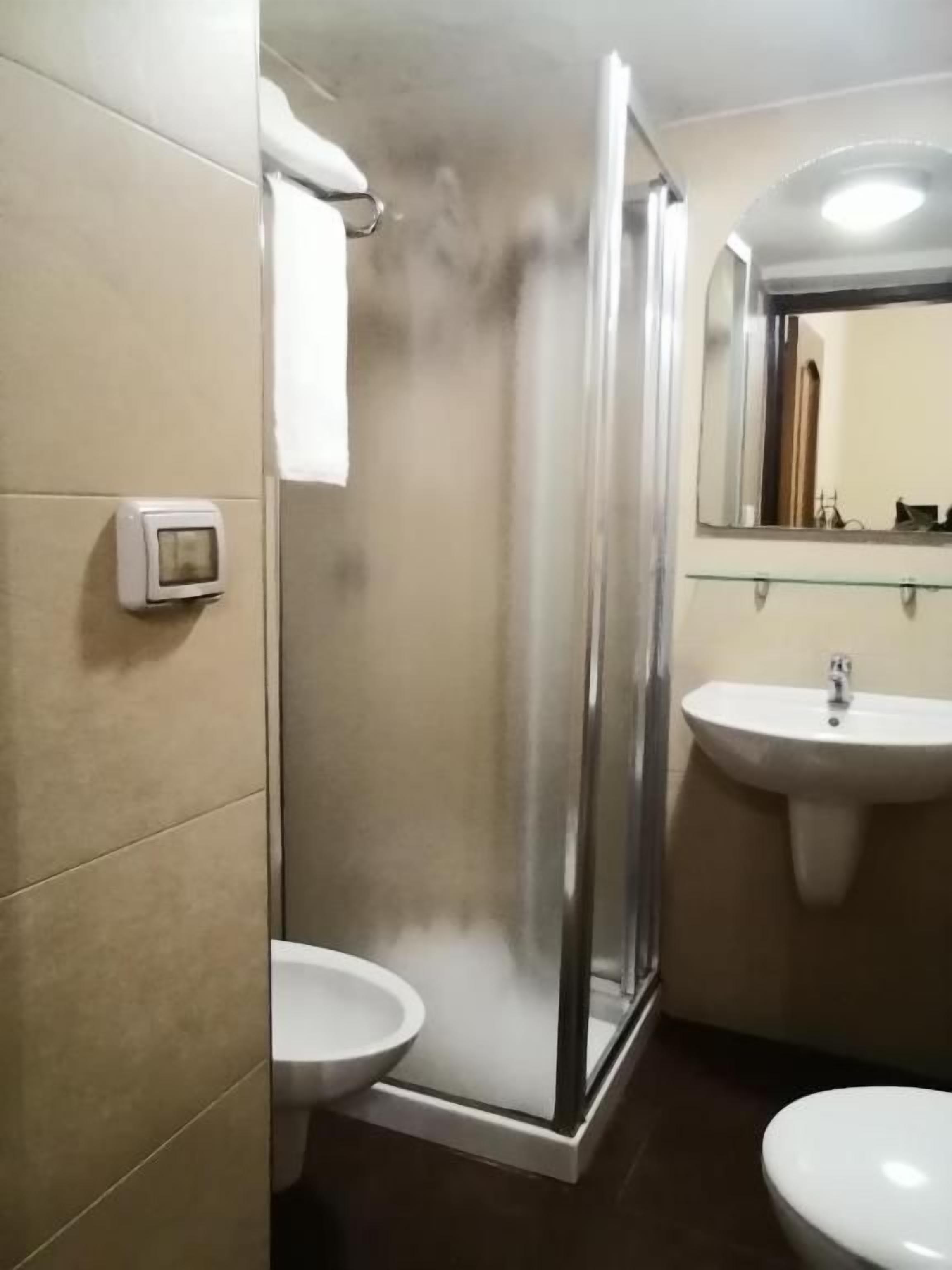 Shower, free toiletries, hair dryer, towels