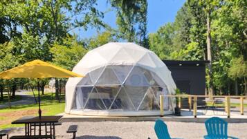 A geodesic dome structure with a picnic table and chairs in a park setting.
