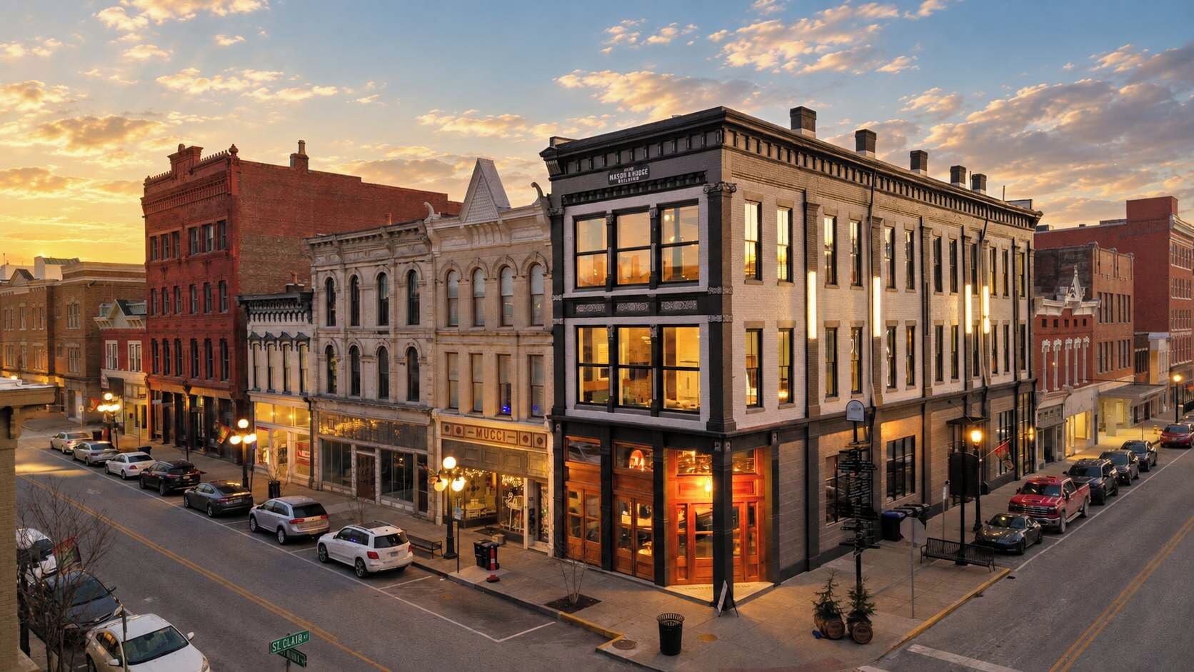 A street view of a downtown area with historic buildings, a prominent 'Mason & Mason' store, and parked cars.